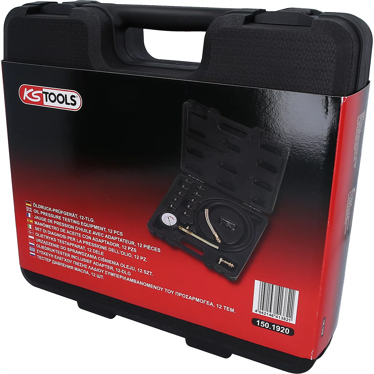 Schwarzer Werkzeugkoffer mit KS TOOLS Logo und Inhaltsabbildung. Enthält Manometer, Schläuche und Adapter.